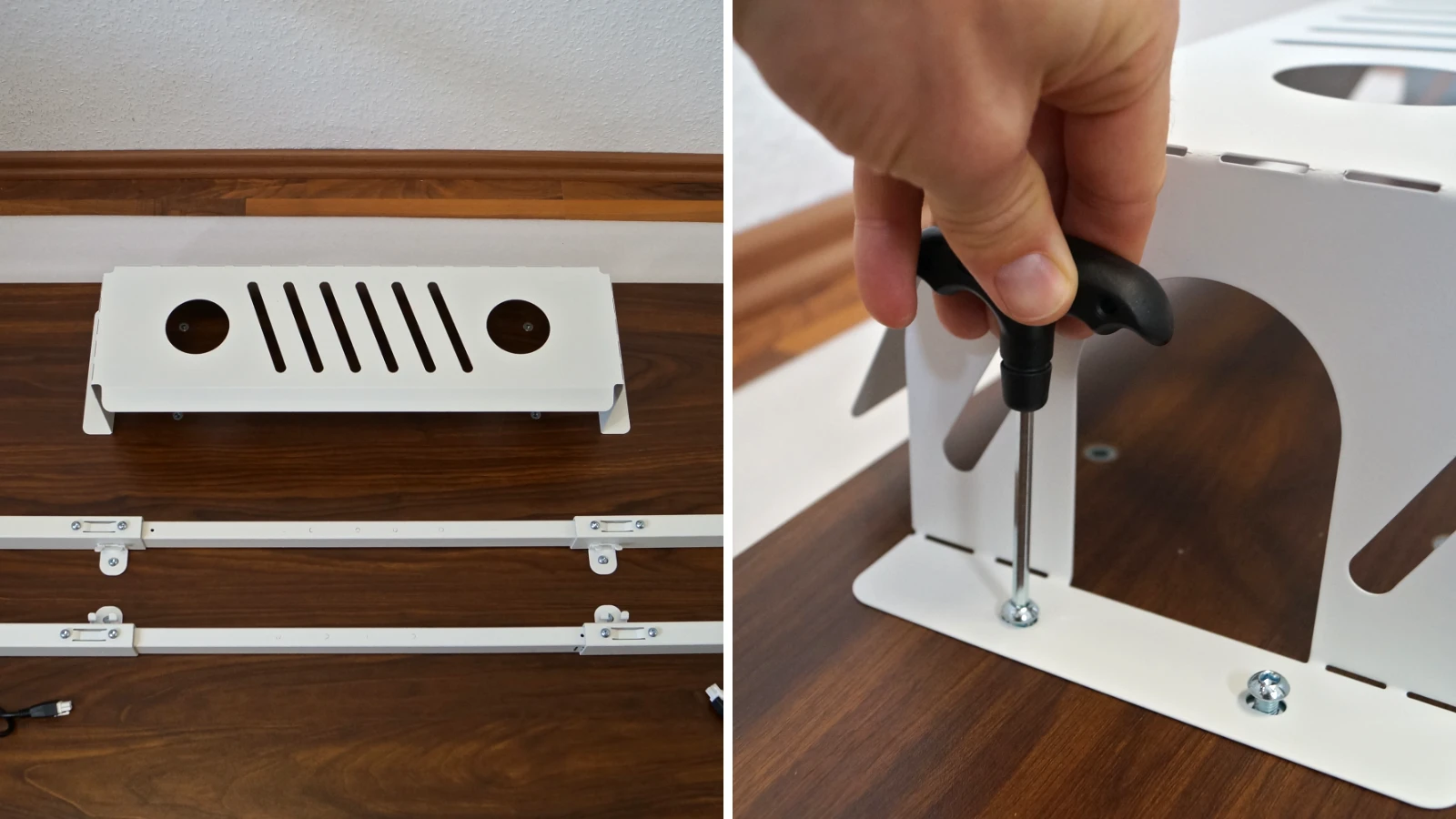 2 Bilder zeigen die Montage der Kabelbox an der Tischplatte des CLOUVOU ProDesk