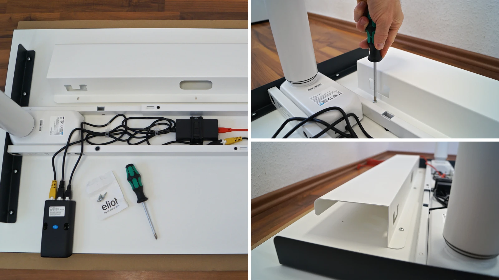 Auf drei Bildern wird die Kabelwanne 1cable-light mit der Tischplatte verschraubt