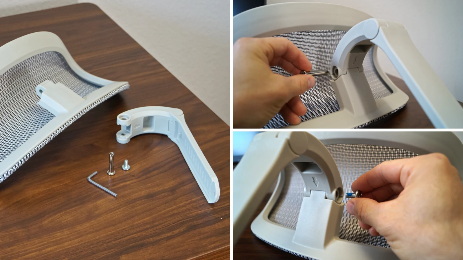 3 Bilder zeigen den Zusammenbau der Kopfstütze – Sihoo B300 Pro