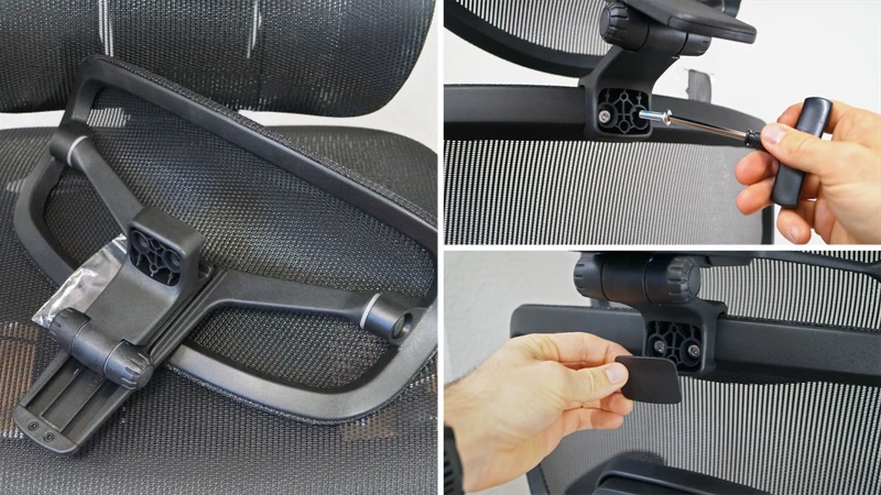 3 Bilder zeigen die Montage der Kopfstütze am FlexiSpot C7 Morpher