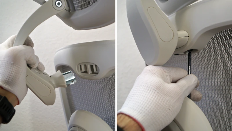 2 Bilder zeigen die Montage der Kopfstütze am Rahmen der Rückenlehne