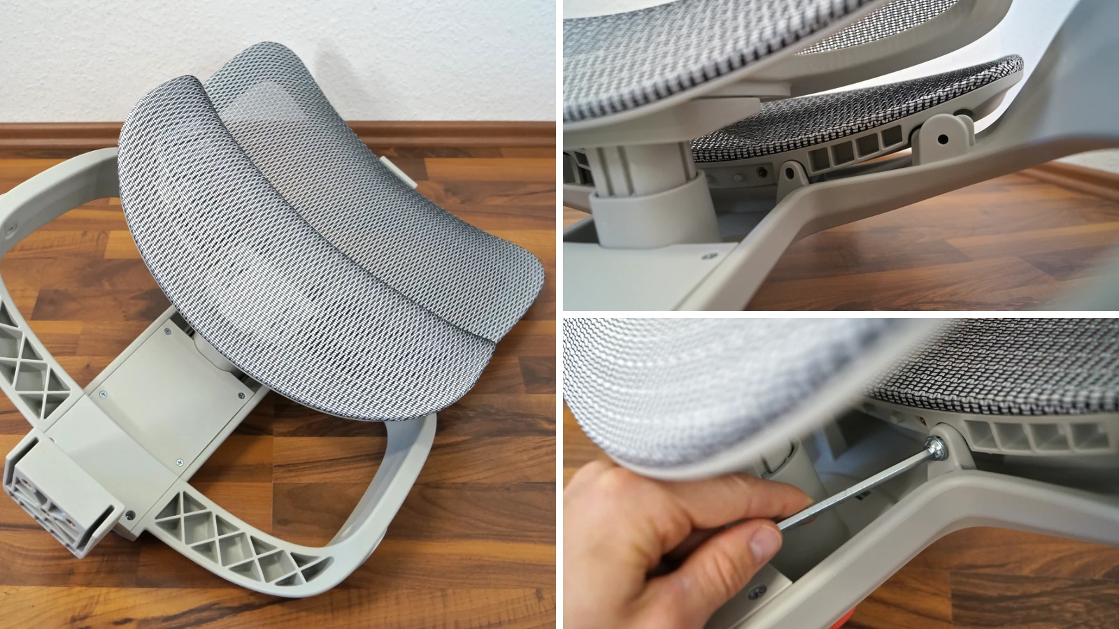 3 Bilder zeigen die Verschraubung der Rückenlehnenteile – Sihoo B300 Pro
