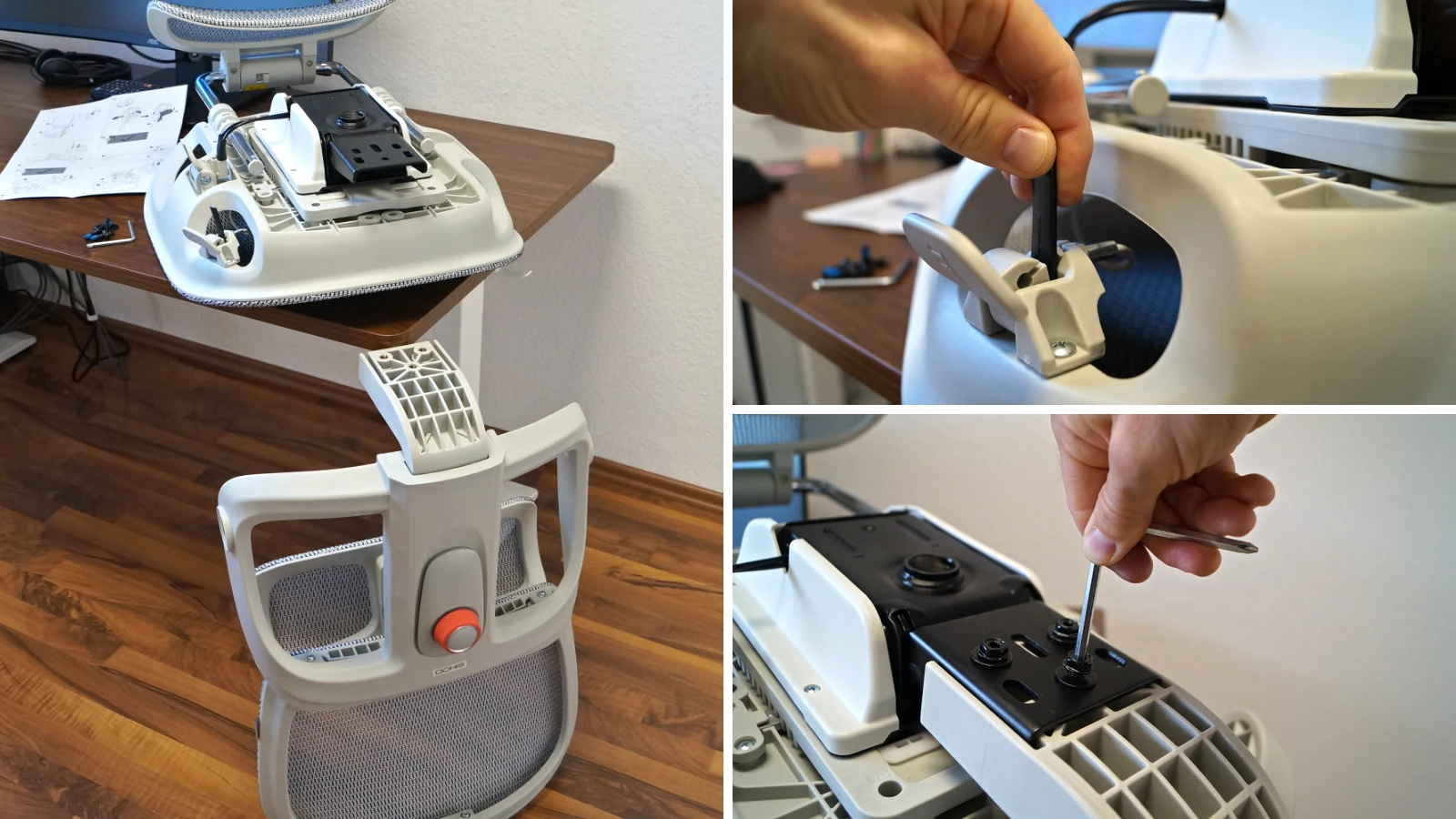 3 Bilder zeigen, wie die Sitzschale und Rückenlehne verbunden werden – Sihoo B300 Pro