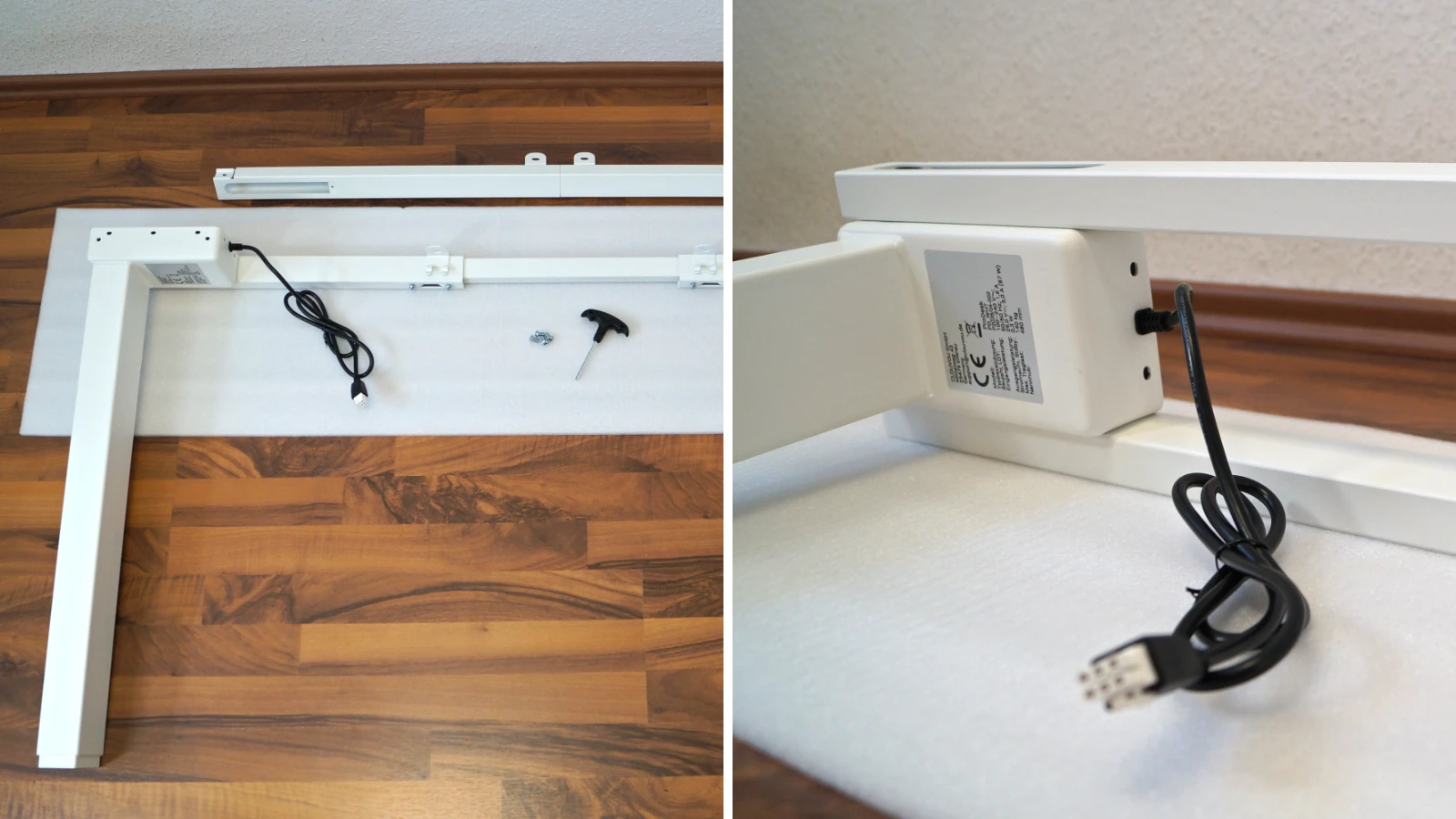 2 Bilder zeigen die Montage des zweiten Querträgers am Tischbein – CLOUVOU ProDesk