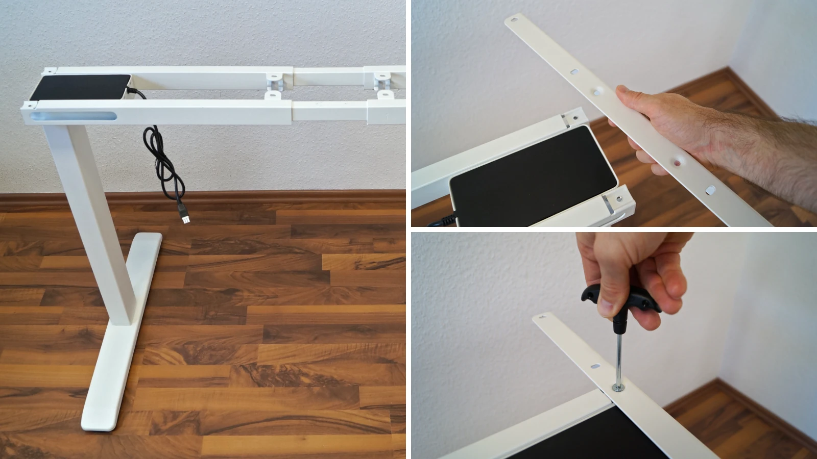 3 Bilder zeigen die Montage der Tischplattenauflage rechts – CLOUVOU ProDesk