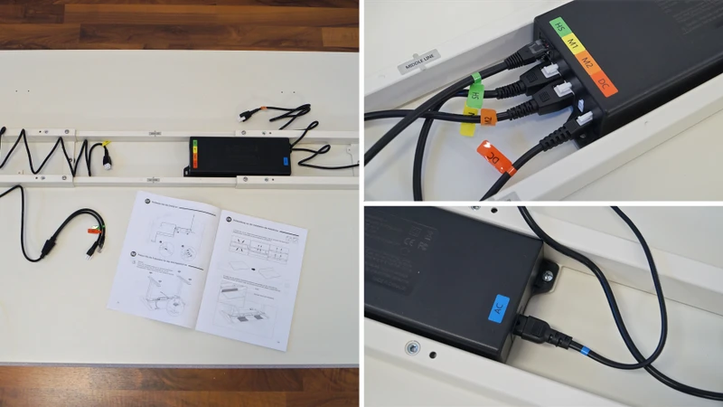 3 Bilder zeigen die Verkabelung des FlexiSpot E7 Flow