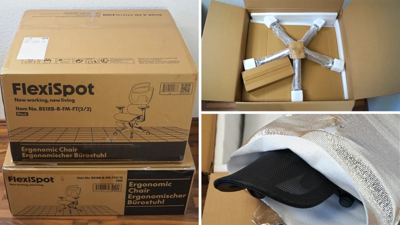 3 Bilder, Paket und Verpackung des FlexiSpot C7 Morpher