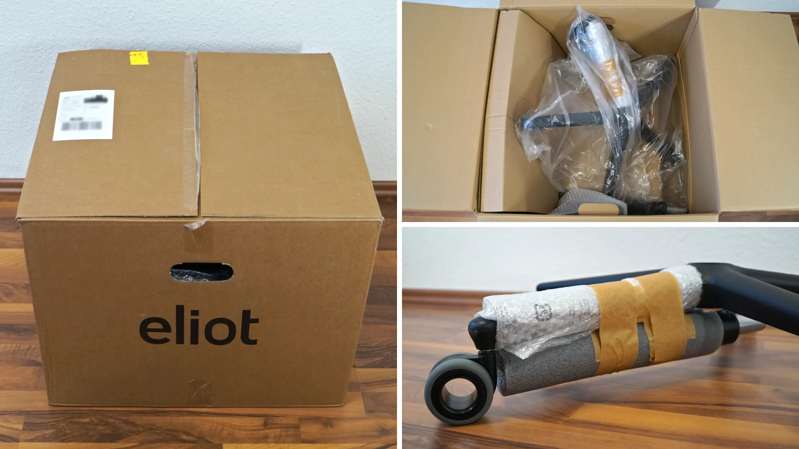 3 Bilder zeigen das Paket und die Verpackung des Drehstuhls Eliot Kozy