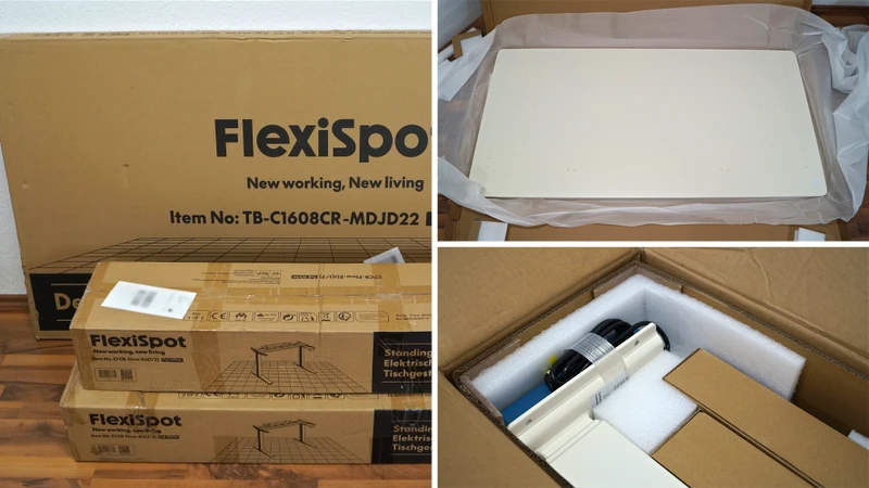 3 Pakete geschlossen und geöffnet, Blick auf die Verpackung – FlexiSpot E7 Flow