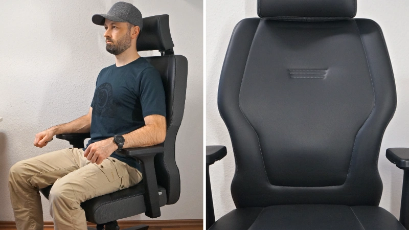 2 Bilder: Person sitzt auf dem Interstuhl XXL CLASSIC, Blick von vorne auf die Rückenlehne ohne Person