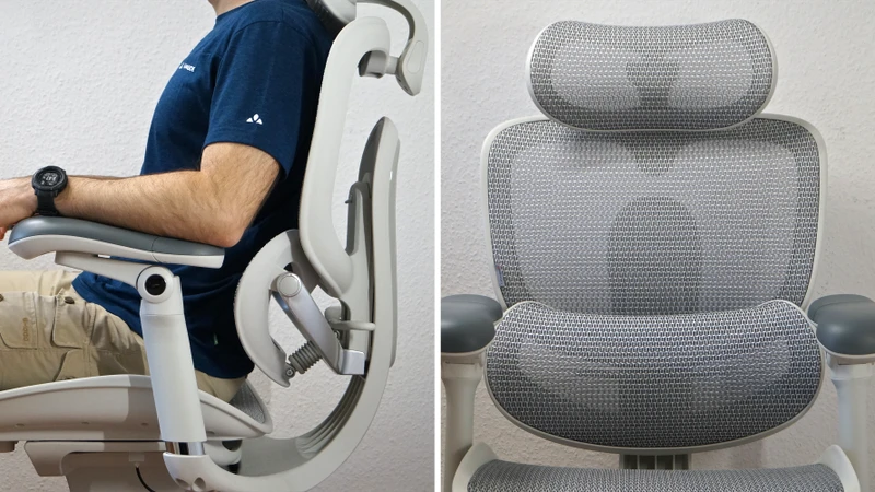 Rückenlehne mit SyncroFlex, seitliches Bild mit sitzender Person, frontales Bild ohne Person