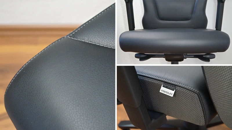 3 Detailbilder des Sitzes: Lederbezug, Stoff an der Seite, Form von vorne – Interstuhl XXL CLASSIC