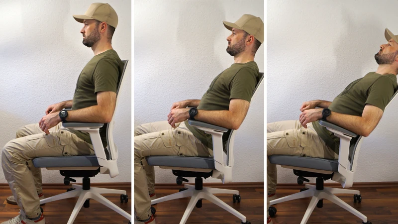 Person sitzt auf dem ofinto Active und demonstriert in 3 Bildern die Sitzmechanik