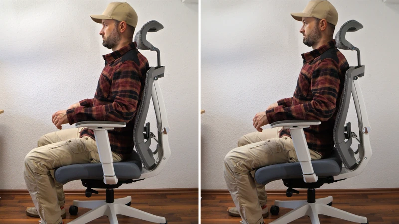 Person sitzt auf dem FlexiSpot BS14 und demonstriert in 2 Bildern die Sitzneigung