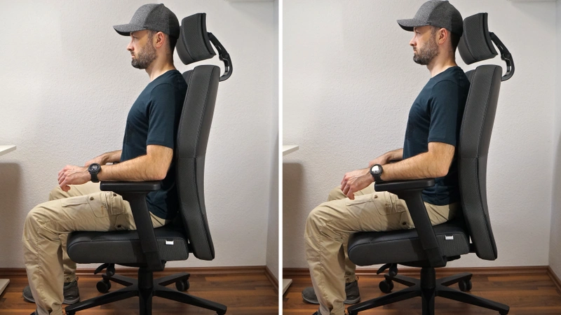 Person sitzt auf dem Interstuhl XXL und zeigt die beiden Sitzneigungen bzw. Sitzwinkel