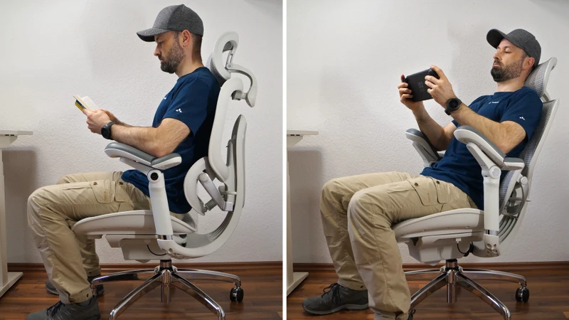 Sitzposition: Person sitzt auf dem Sihoo Doro C300 Pro V2, links lesend, rechts spielend mit Handheld