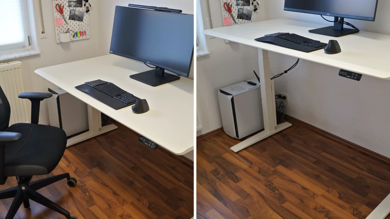 2 Bilder, Sitzposition und Stehposition des FlexiSpot E7 Flow