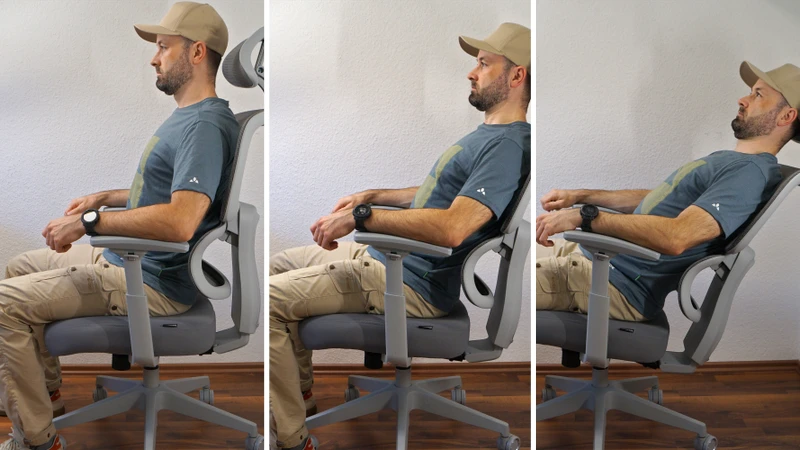 Person sitzt auf dem DESKSPACE Move und demontstriert die Synchronmechanik in 3 Bildern