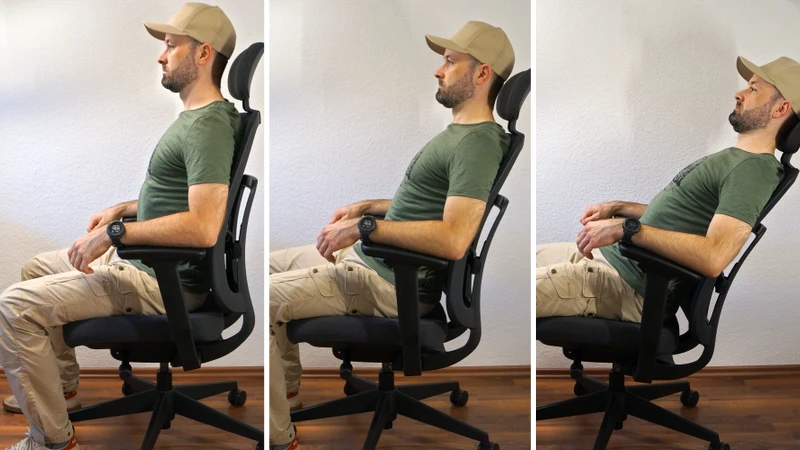 Person demonstriert die Synchronmechanik des Ergotopia PureBack in 3 Bildern