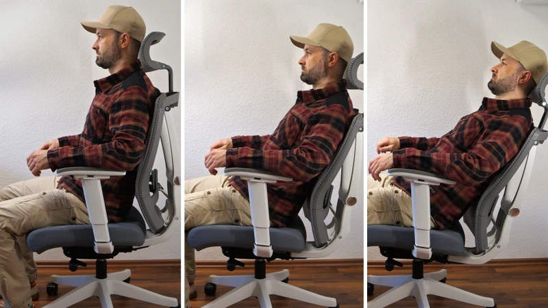 Person sitzt auf dem FlexiSpot BS14 und demonstriert in 3 Bildern die Synchronmechanik