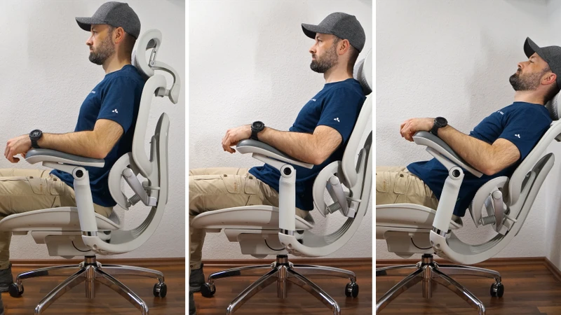 Demonstration der Bürostuhlmechanik, 3 Bilder des Sihoo Doro C300 Pro V2 in verschiedenen Neigungswinkeln