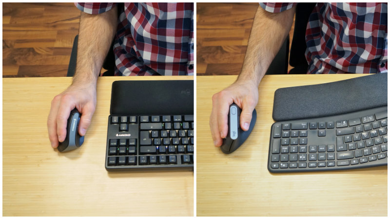 Zwei Bilder zeigen die Arm-Abduktion bei der Verwendung einer Maus + Kompakt- bzw. Standardtastatur