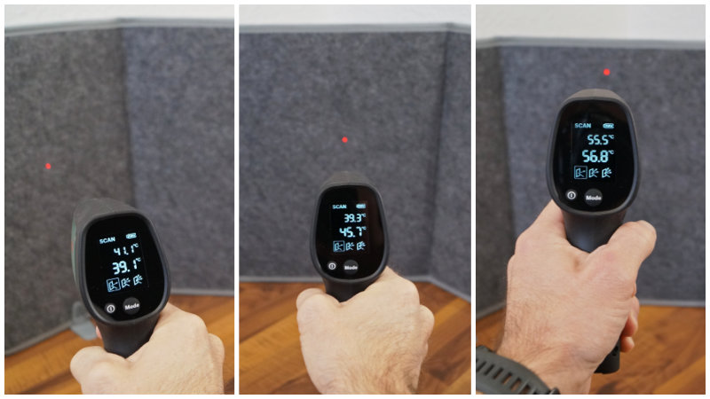Temperaturmessung mit Infrarot-Thermometer bei der Mi-Heat Schreibtischheizung