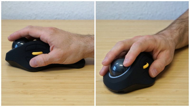 2 Bilder zeigen die Trackball-Bedienung mit Zeigefinger/ Mittelfinger – ProtoArc EM03