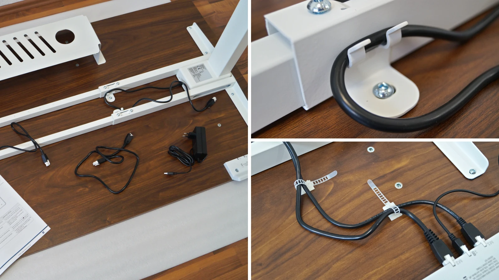 3 Bilder zeigen Details aus der Verkabelung am Tischgestell und Bedienelement des CLOUVOU ProDesk