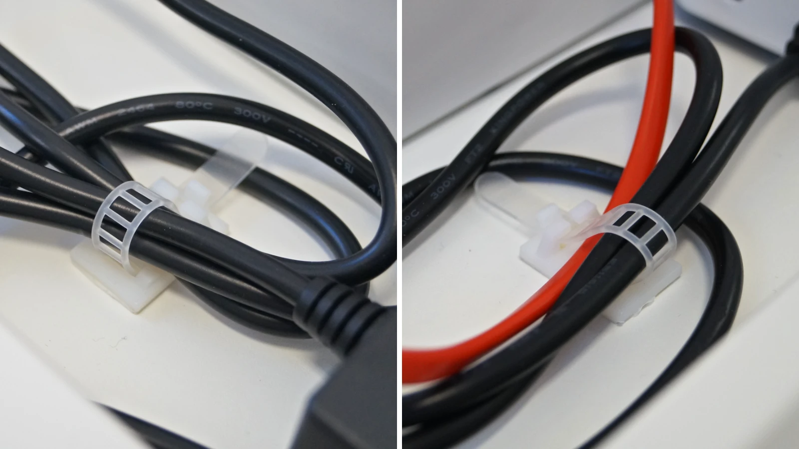 2 Bilder zeigen Kabelclips, die jeweils mehrere Kabel festhalten und sichern