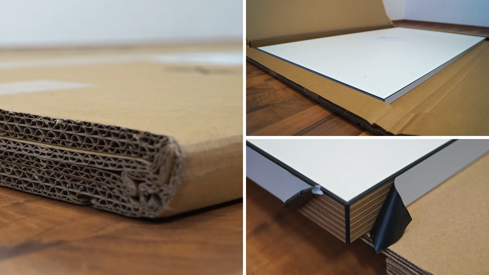 3 Bilder der Verpackung der Tischplatte des Eliot Tiny; geschlossen und geöffnet