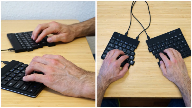 Vollständig geteilte Tastatur – zwei Bilder mit Blick von der Seite und von oben