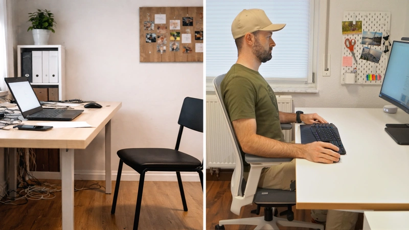Was ist Ergonomie? Collage, 2 Bilder: schlechtes Ergonomie-Beispiel vs. optimaler Homeoffice-Arbeitsplatz